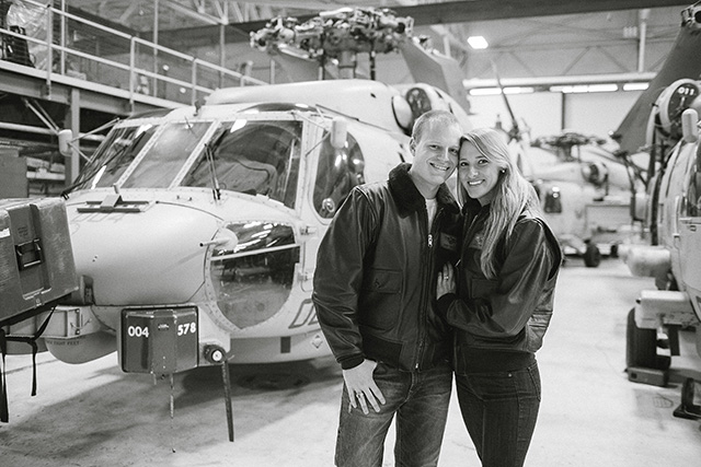 military engagement session, pilot jackets, black and white, helicopter