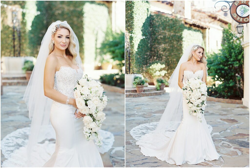 bride in strapless lace dress holding white bouquet Bella Collina Orlando Wedding