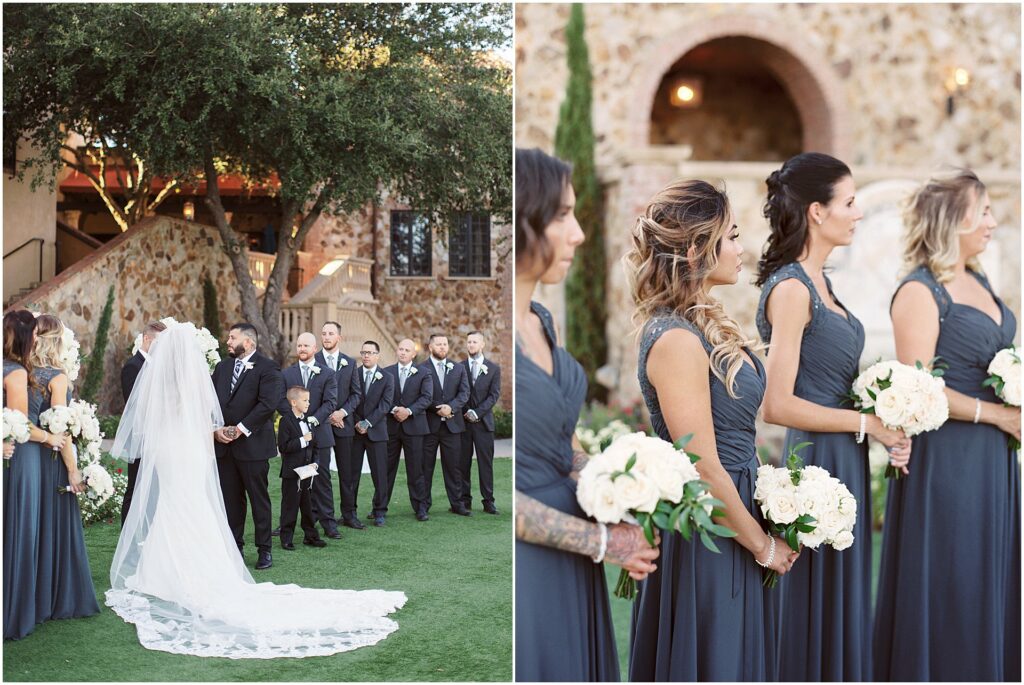 bridesmaids and groomsmen standing in a line at alter during ceremony at Bella Collina Orlando Wedding