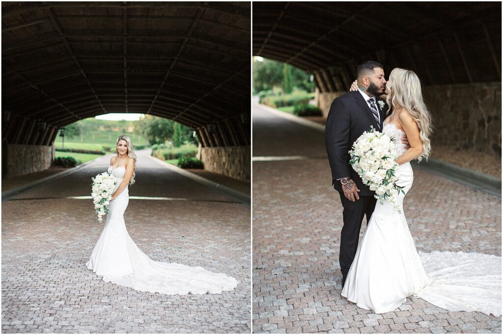 bride holding bouquet while kissing groom in wooden tunnel at Bella Collina Orlando Wedding