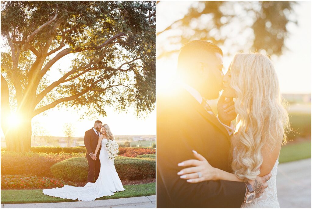 sunset shining strongly during golden hour for bride and groom portraits at Bella Collina Orlando Wedding