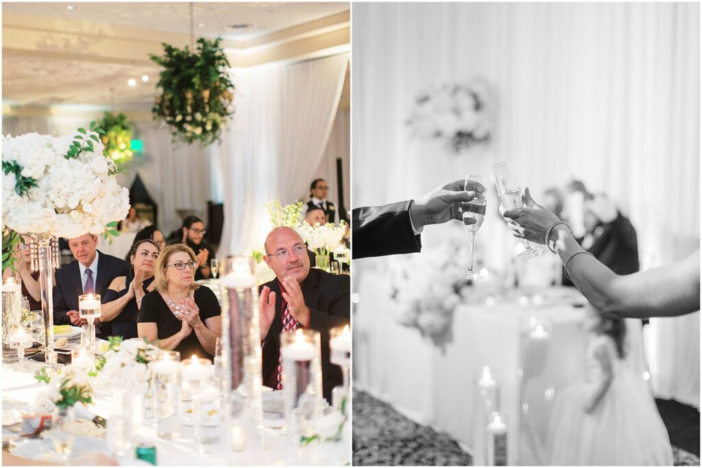 wedding guests cheer and clink glasses during reception at Bella Collina Orlando Wedding