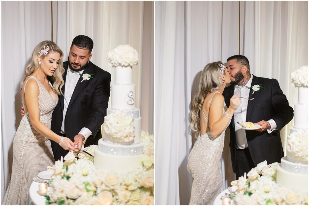 bride and groom cut cake and kiss at Bella Collina Orlando Wedding