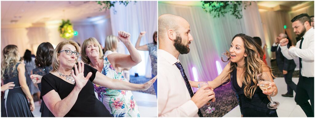 wedding guests make funny faces on dance floor during reception at Bella Collina Orlando Wedding