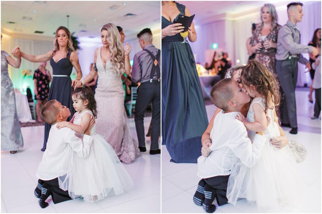 ring bearer kisses flower girl on all white dance floor at Bella Collina Orlando Wedding