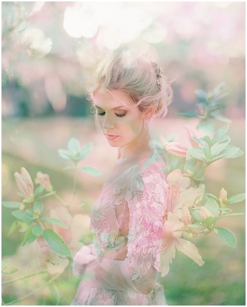 double exposure of bride in long sleeve lace dress with pink flowers at bok tower garden wedding