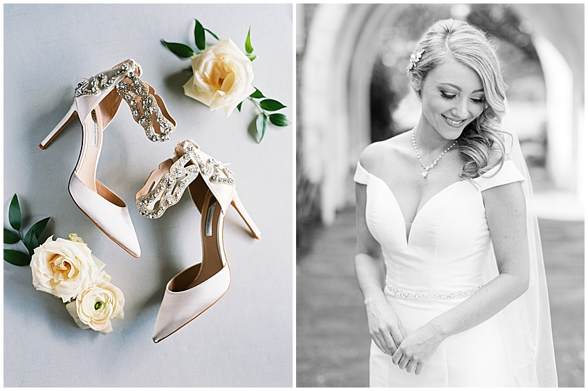 bride in sleeves dress and old glam hollywood style hair at casa feliz in winter park wedding