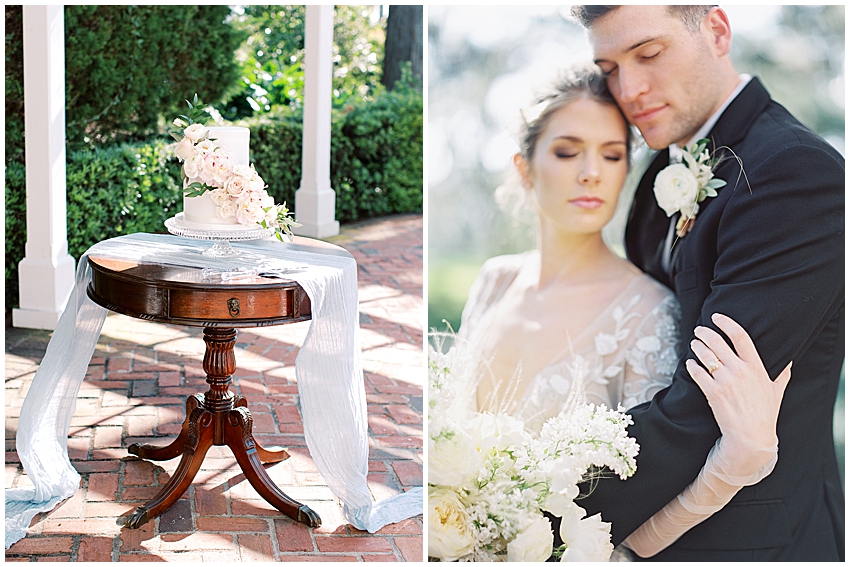 white cake with pink flowers sitting on vintage table in the sunlight at the cypress grove estate house wedding