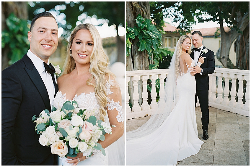 bride and groom smile at camera for formal portraits at the Addison in boca grande Miami wedding