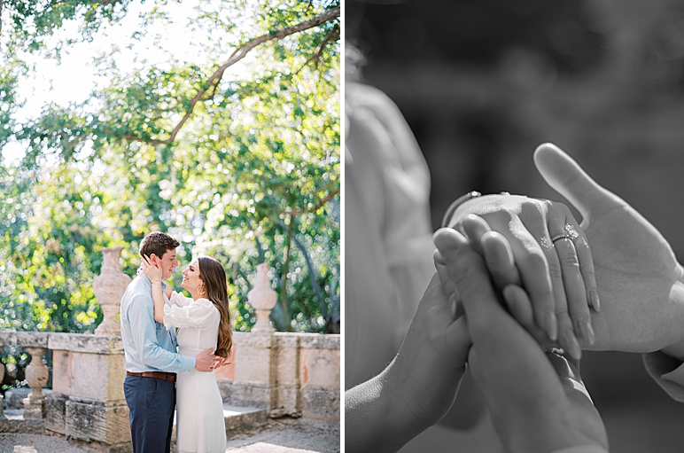 Captured on medium format film, a couple embraces and holds hands underneath the iconic oak trees of Vizcaya Museum and Gardens